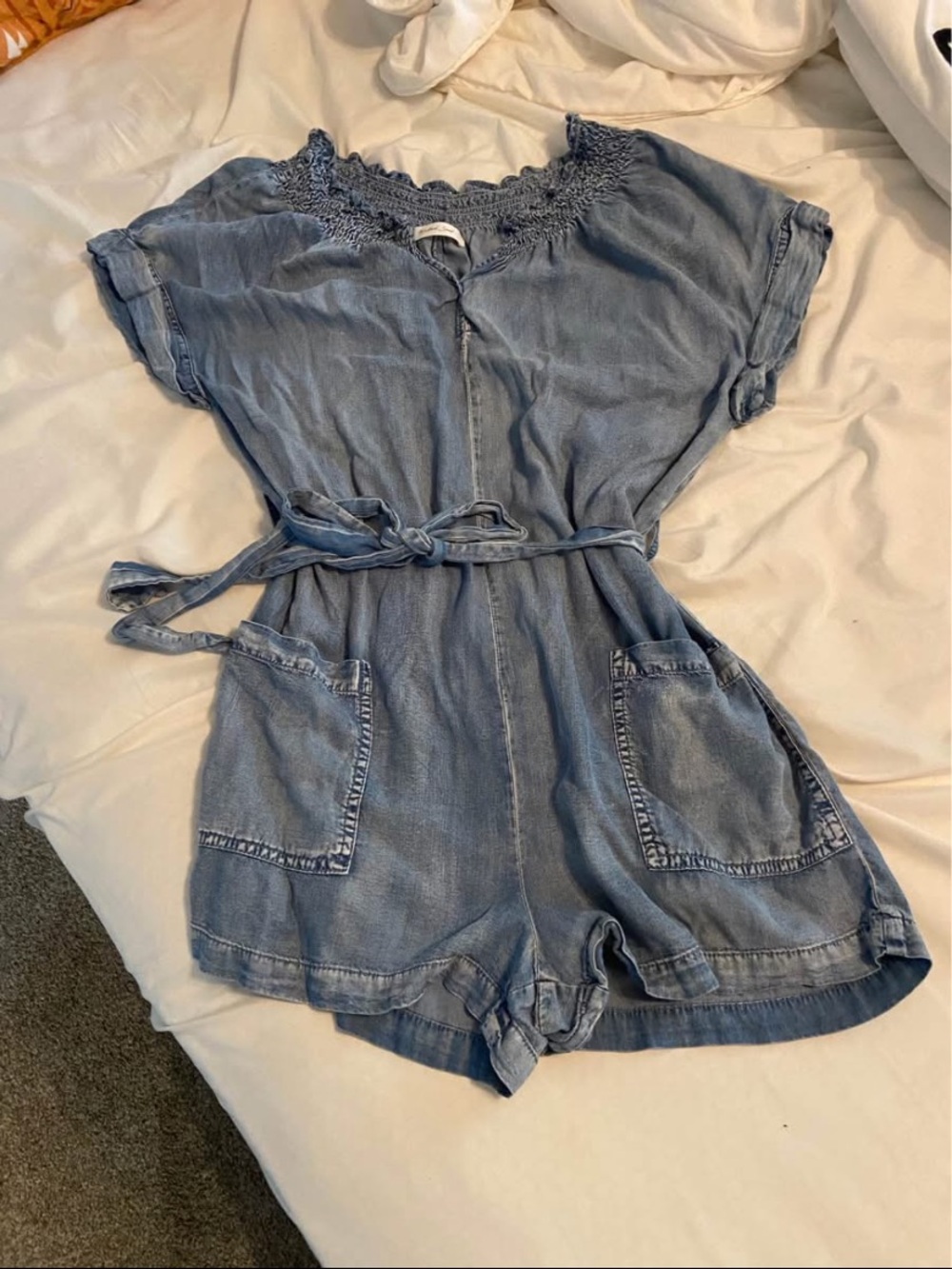 Light Wash Denim Romper with Tie Waist